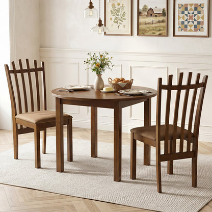 Rubber wood slat-back dining chairs set of 2 in brown around a round dining table on Tampa Home & Garden Store