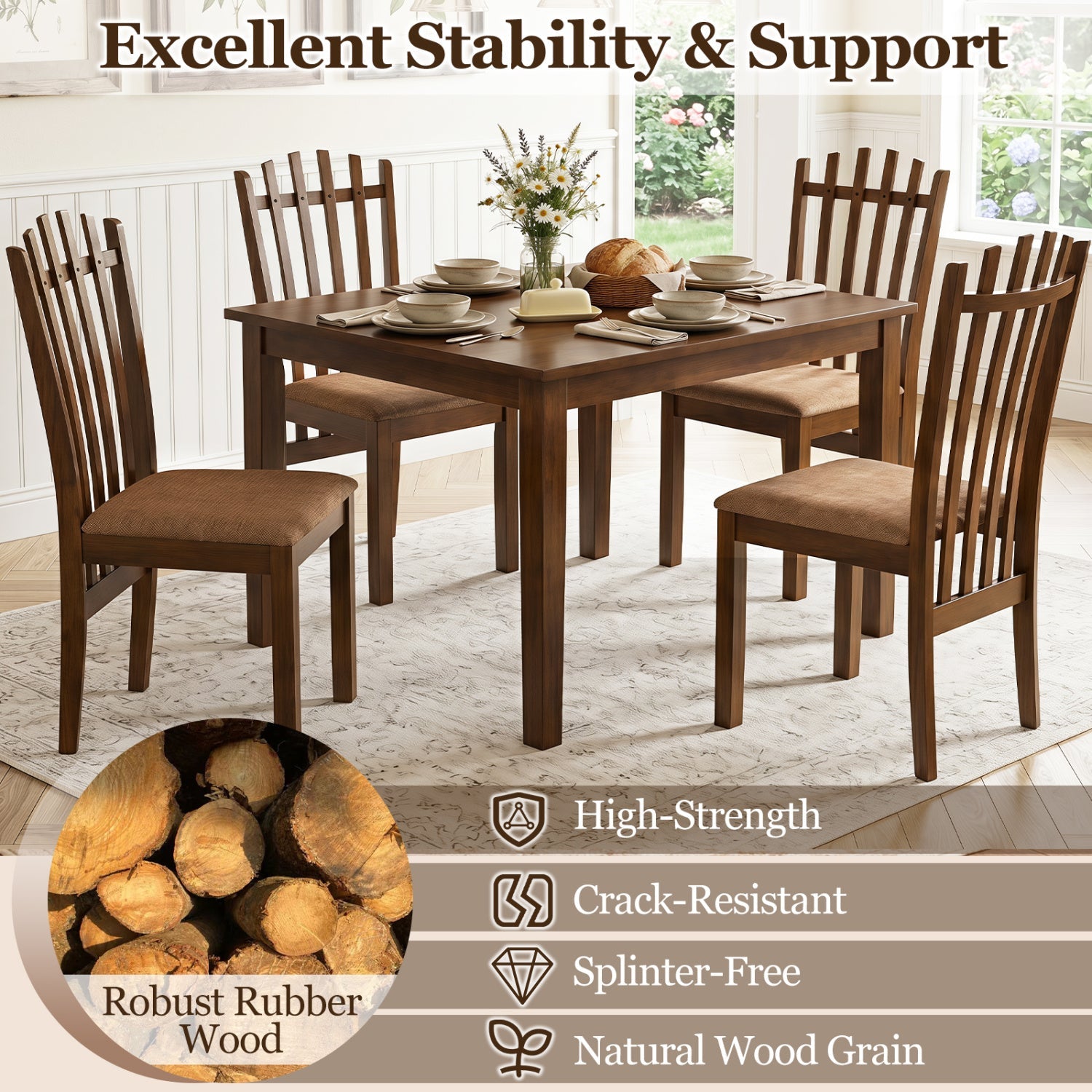 Rubber wood dining chairs set of 4 with cushioned beige seats in dark brown finish on Tampa Home & Garden Store