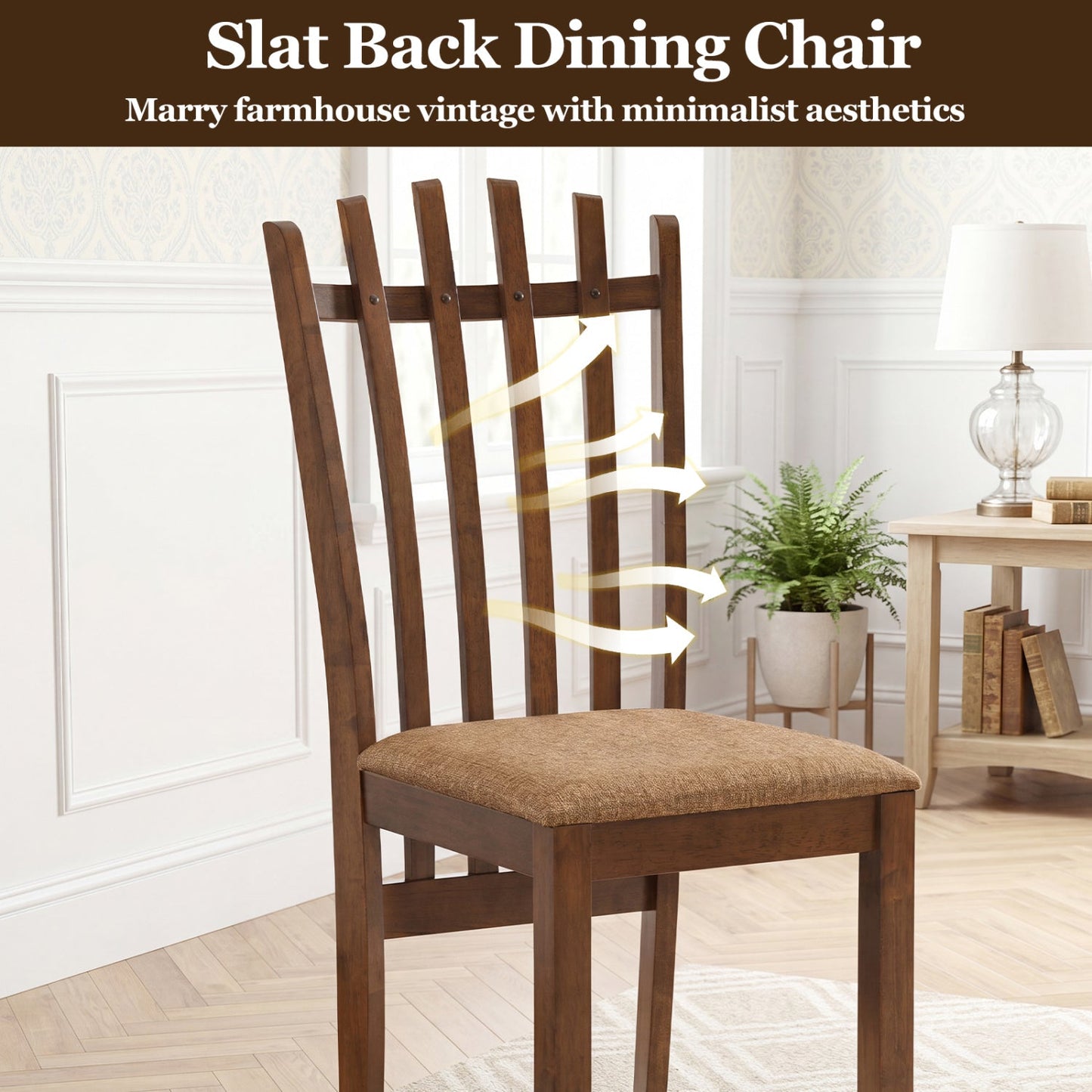 Rubber Wood Dining Chairs Set of 4 with Cushioned Seats, dark brown slat back on Tampa Home & Garden Store