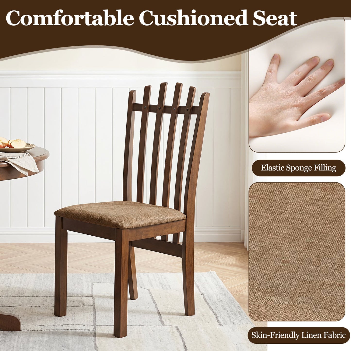 Dining chairs set of 4 in rubber wood with cushioned beige linen fabric seats by DirectDeals on Tampa Home & Garden Store