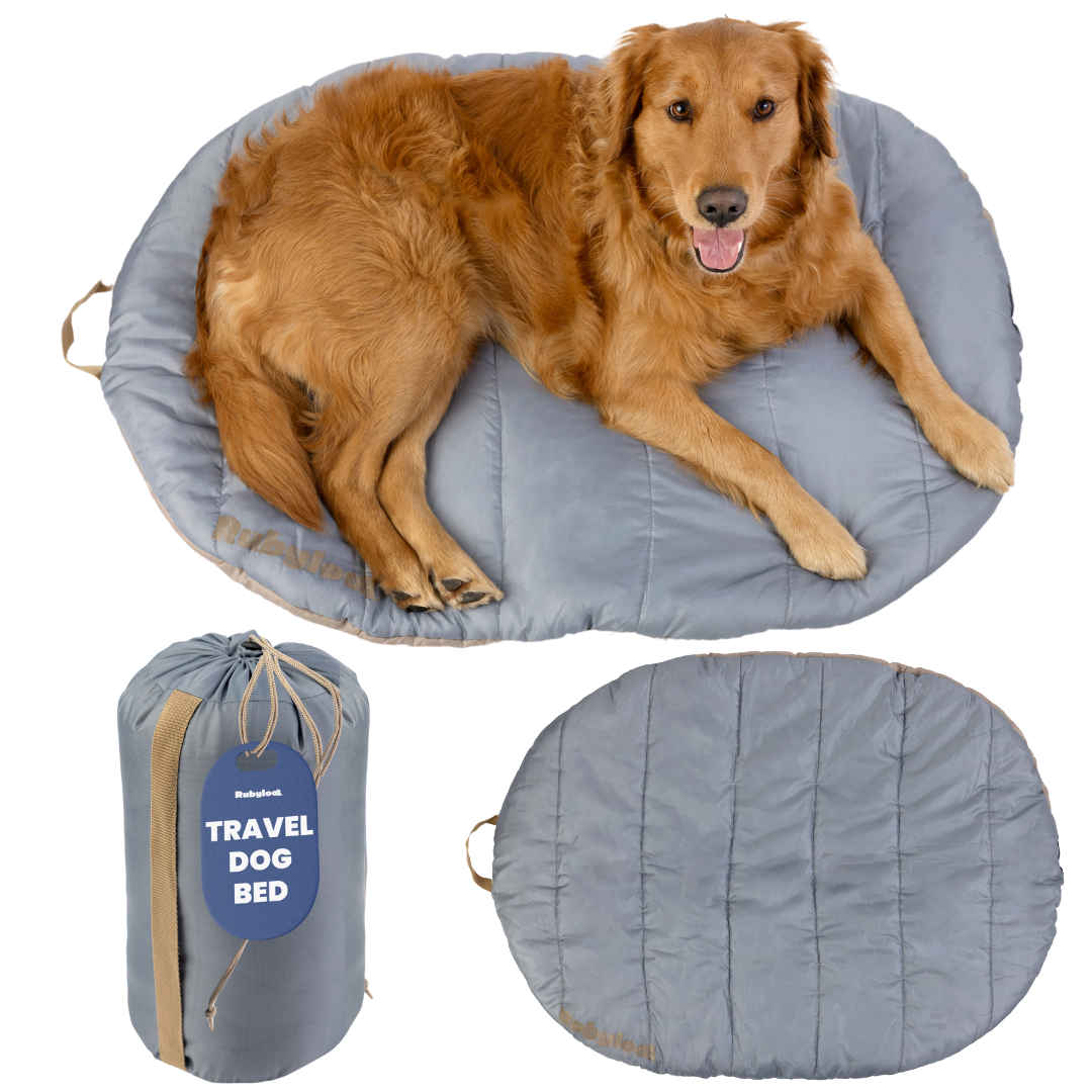 Rubyloo Travel Dog Bed, gray quilted pillow bed foldable and packable with carry strap on Tampa Home & Garden Store