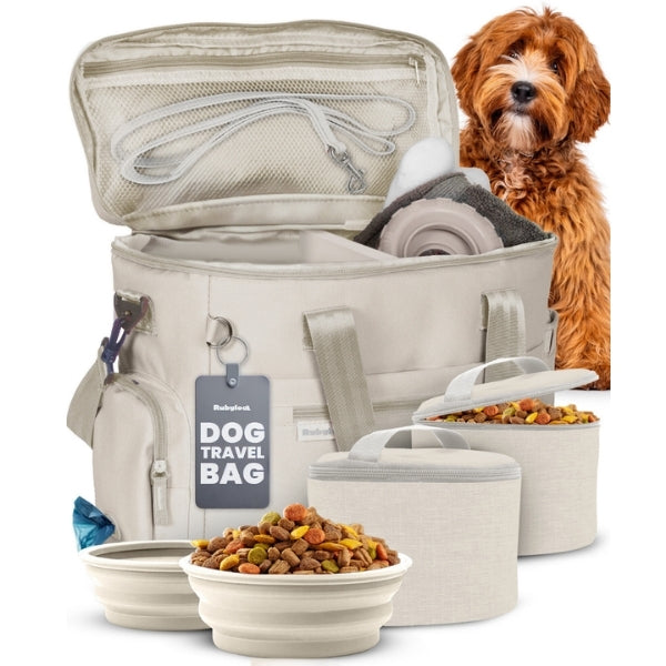 The Original Doggy Bag dog travel bag for supplies by Rubyloo with travel bowls set on Tampa Home & Garden Store