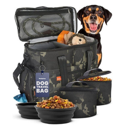Original Doggy Bag by Rubyloo camo travel bag for supplies with mesh lid and travel bowls on Tampa Home & Garden Store