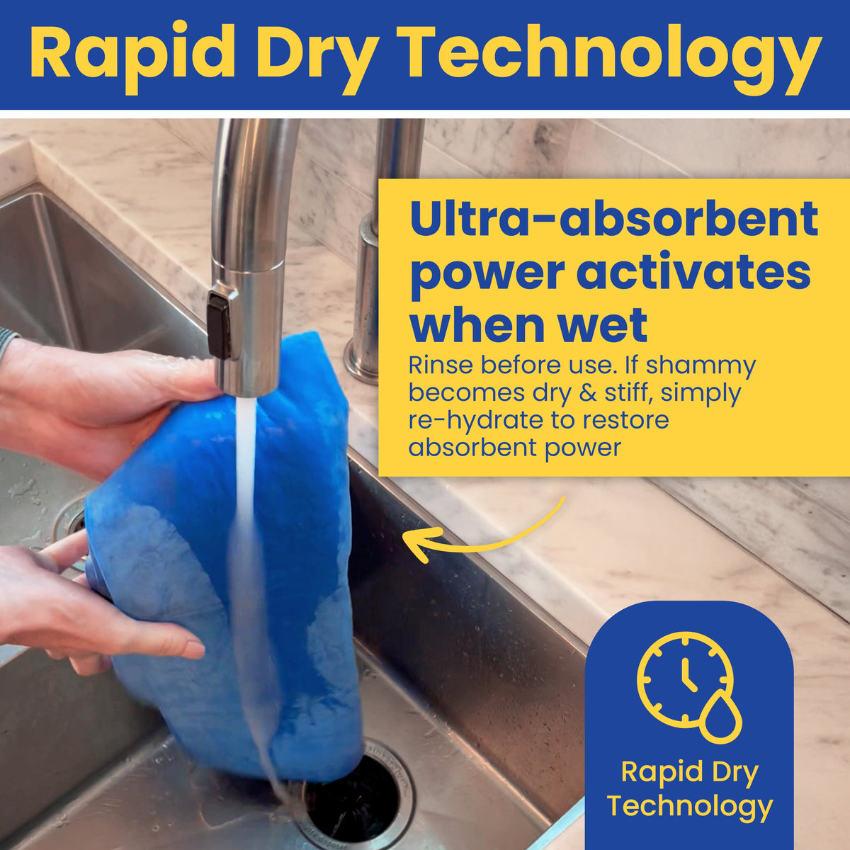 Dog Drying Shammy Towel by Rubyloo used to dry a wet dog at the sink, blue microfiber on Tampa Home & Garden Store