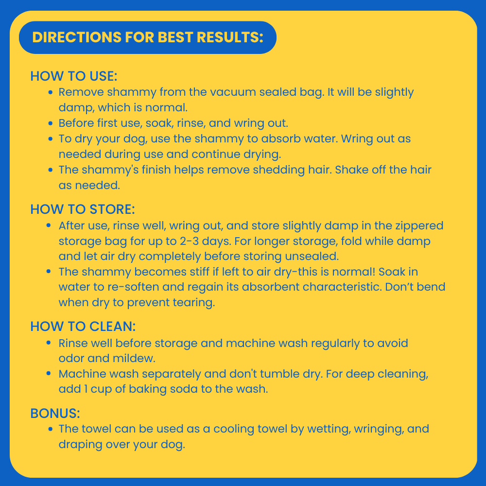 Rubyloo Dog Drying Shammy Towel directions card: yellow sheet with blue border and headings on Tampa Home & Garden Store