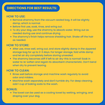 Rubyloo Dog Drying Shammy Towel directions card: yellow sheet with blue border and headings on Tampa Home & Garden Store