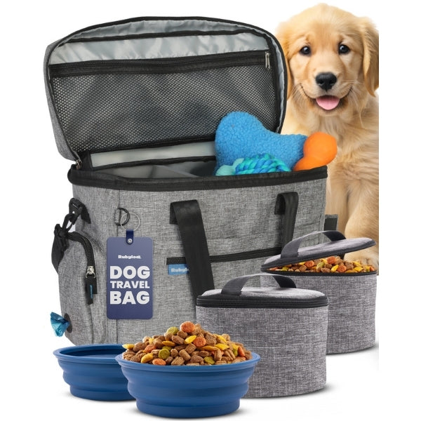 Dog travel bag for supplies by Rubyloo grey fabric with two blue bowls and organized pockets on Tampa Home & Garden Store