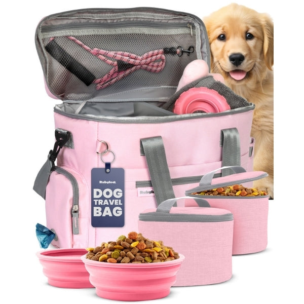 Rubyloo The Original Doggy Bag pink travel bag with gray straps, showing bowls and accessories on Tampa Home & Garden Store