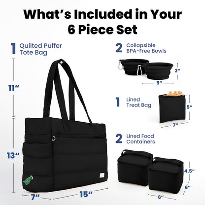 Puffer Dog Travel Bag for Dog Moms by Rubyloo in black quilted fabric with 2 collapsible bowls on Tampa Home & Garden Store