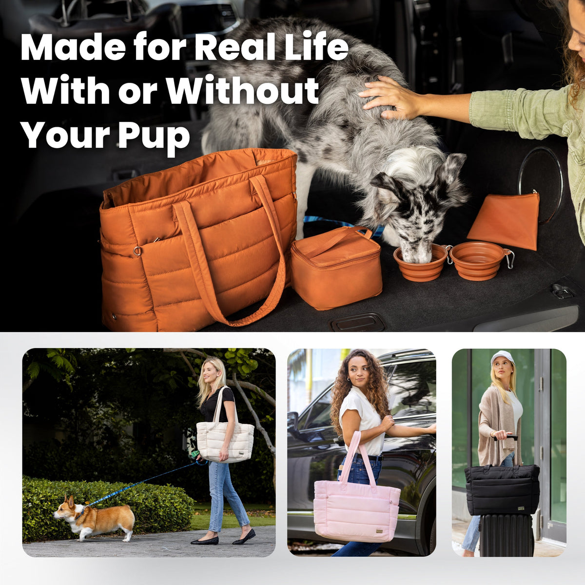 Puffer Dog Travel Bag for Dog Moms by Rubyloo with two orange travel bowls on Tampa Home & Garden Store