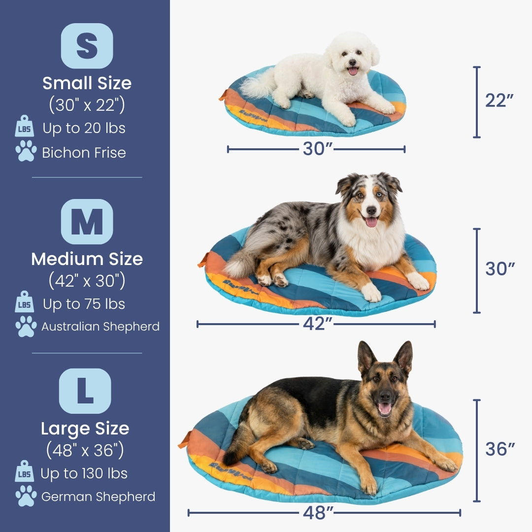 Travel Dog Bed by Rubyloo, blue striped pillow style; three sizes S/M/L shown with dogs on Tampa Home & Garden Store