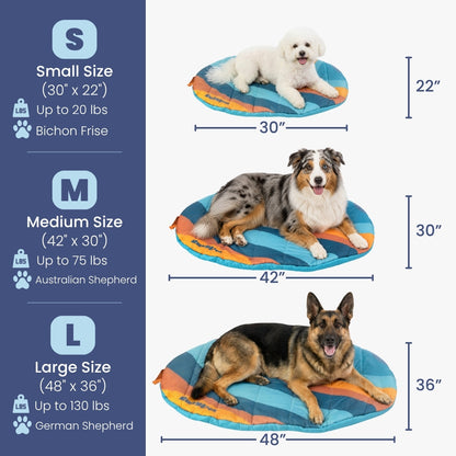 Travel Dog Bed by Rubyloo, blue striped pillow style; three sizes S/M/L shown with dogs on Tampa Home & Garden Store