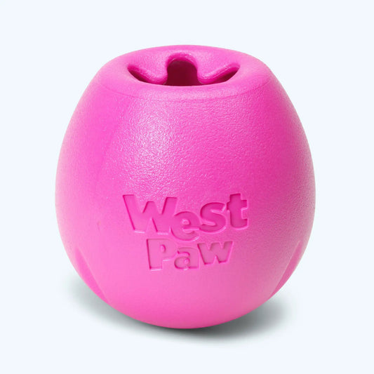 West Paw Rumbl dog puzzle toy, pink rubber treat-dispensing ball with opening on Tampa Home & Garden Store