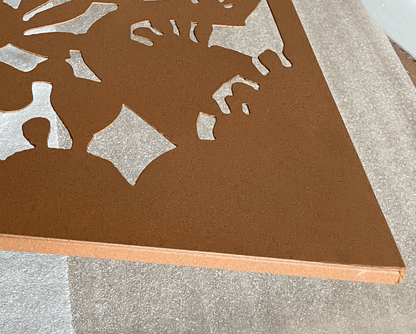 Decorative metal privacy panel 46in rust color abstract cut-out shapes Rustica on Tampa Home & Garden Store