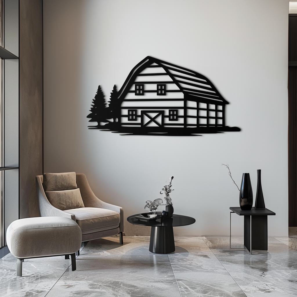 Rustic Barn and Pine Trees Metal Wall Art – Country House Landscape Silhouette Decor- KAF681 - Tampa Home & Garden Store