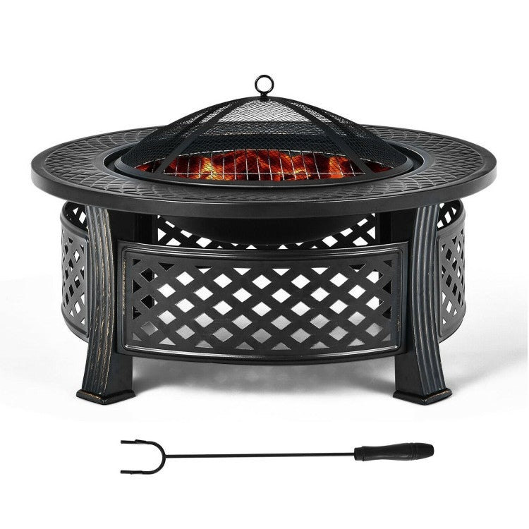 Rustic Steel Outdoor Fire Pit with BBQ Grill with Poker and Mesh Cover - Tampa Home & Garden Store