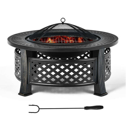 Rustic Steel Outdoor Fire Pit with BBQ Grill with Poker and Mesh Cover - Tampa Home & Garden Store