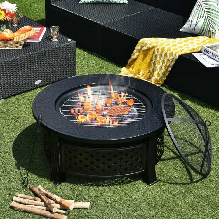 Rustic Steel Outdoor Fire Pit with BBQ Grill with Poker and Mesh Cover - Tampa Home & Garden Store