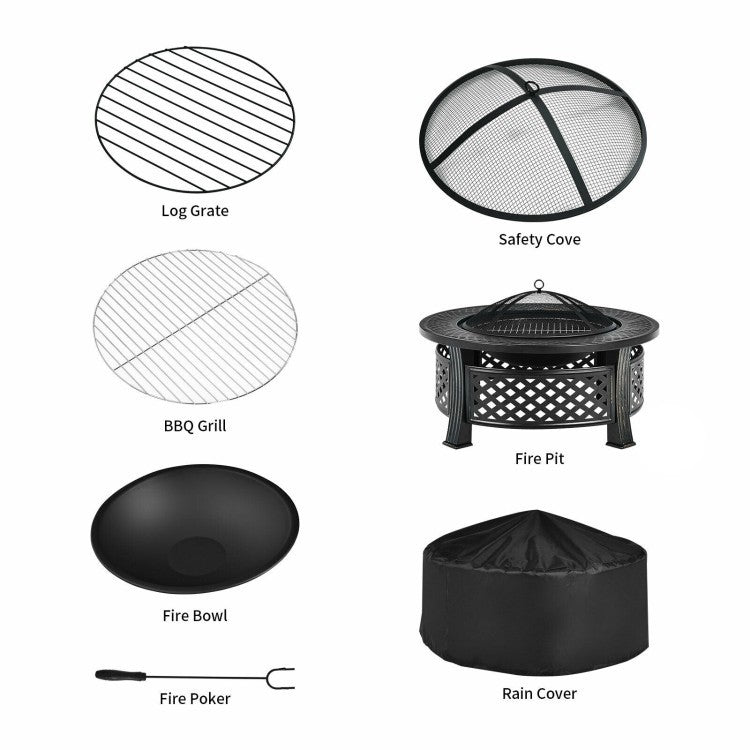 Rustic Steel Outdoor Fire Pit with BBQ Grill with Poker and Mesh Cover - Tampa Home & Garden Store
