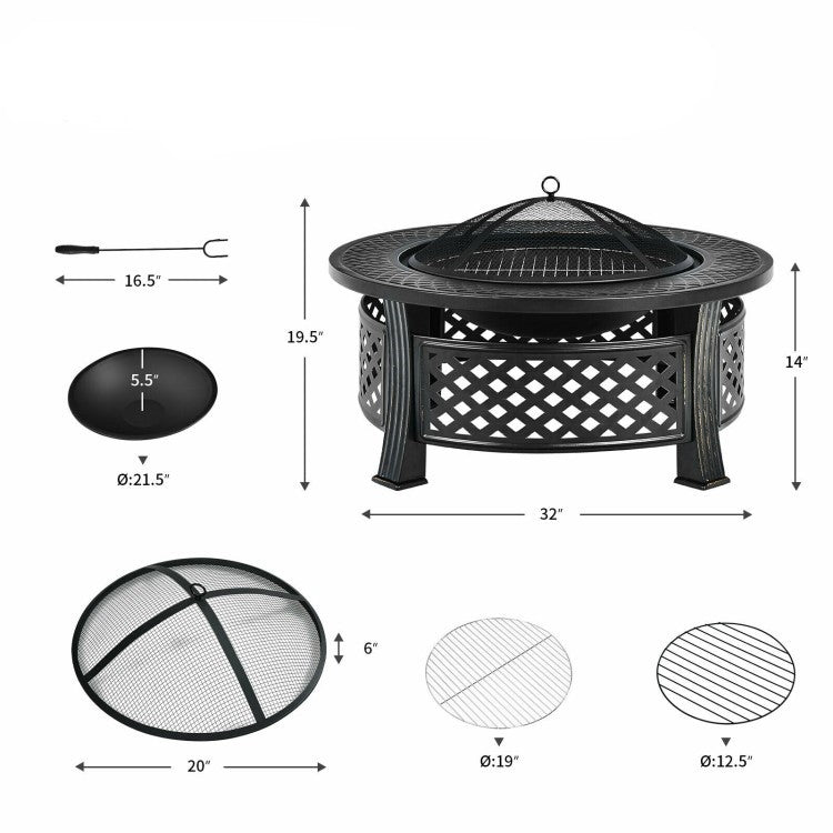 Rustic Steel Outdoor Fire Pit with BBQ Grill with Poker and Mesh Cover - Tampa Home & Garden Store