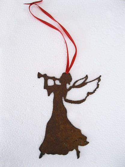 Angel standing ornament rusted metal with red ribbon, Rustica Ornamentals decor on Tampa Home & Garden Store