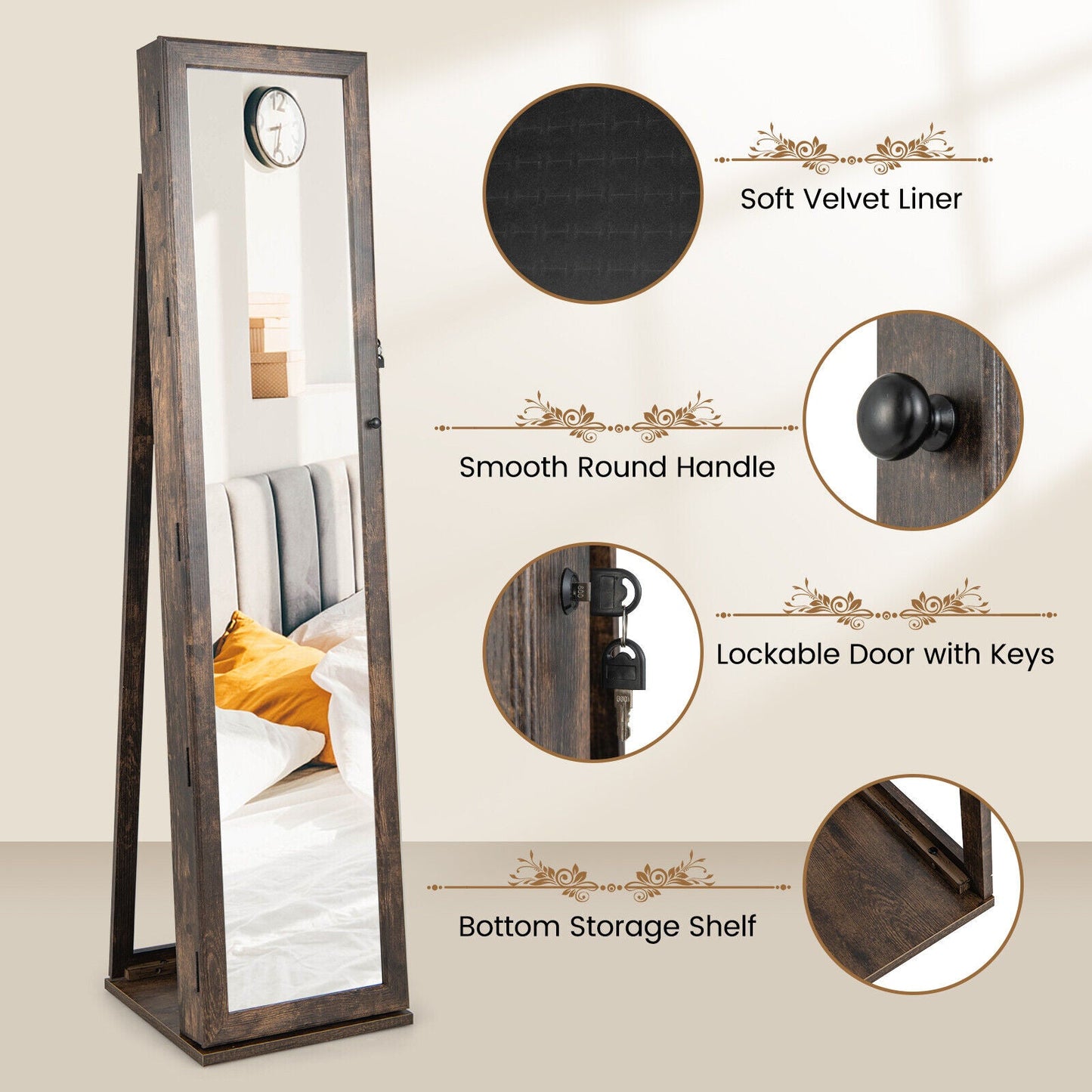Organizador de Joyas Vertical con Cerradura y Espejo de Cuerpo Entero - Marrón