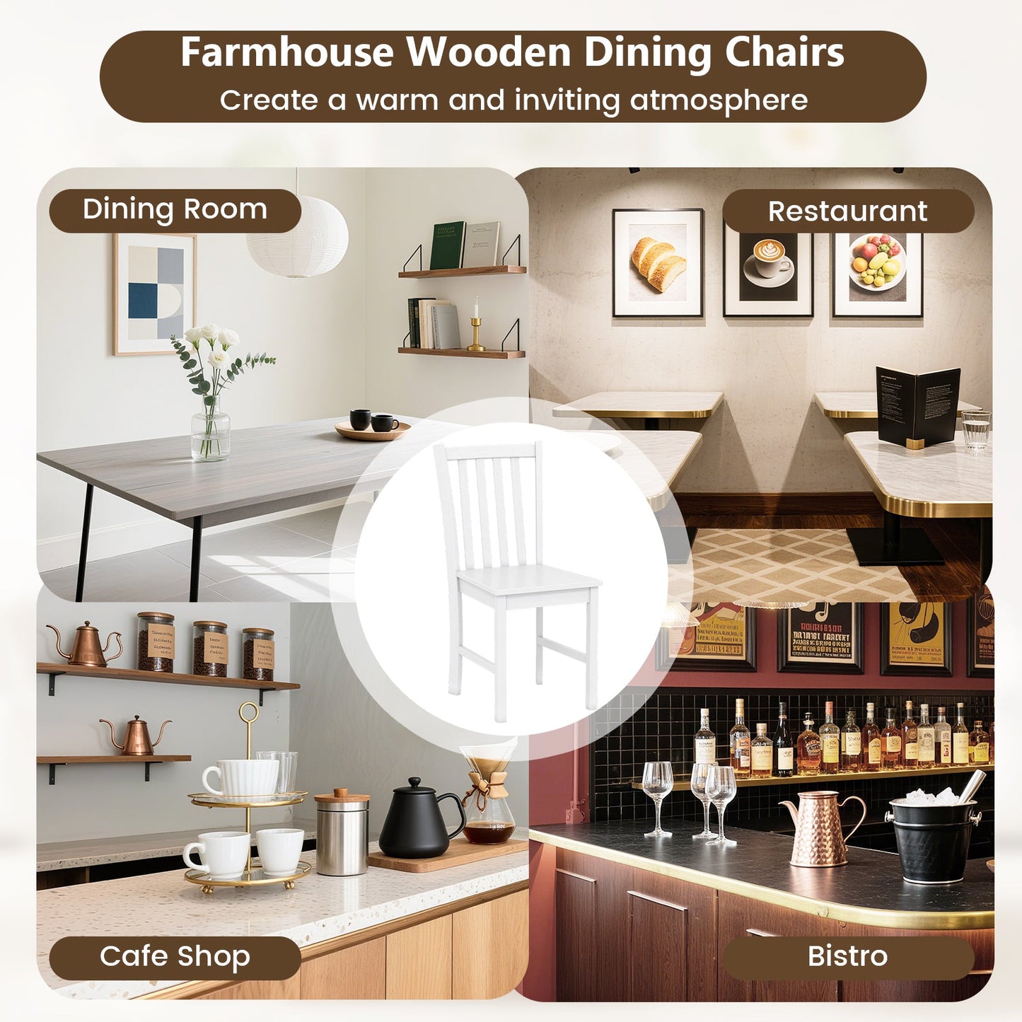 Rustic Dining Chairs Set of 2 Wooden Kitchen Chairs with Slat Tilt Backrest