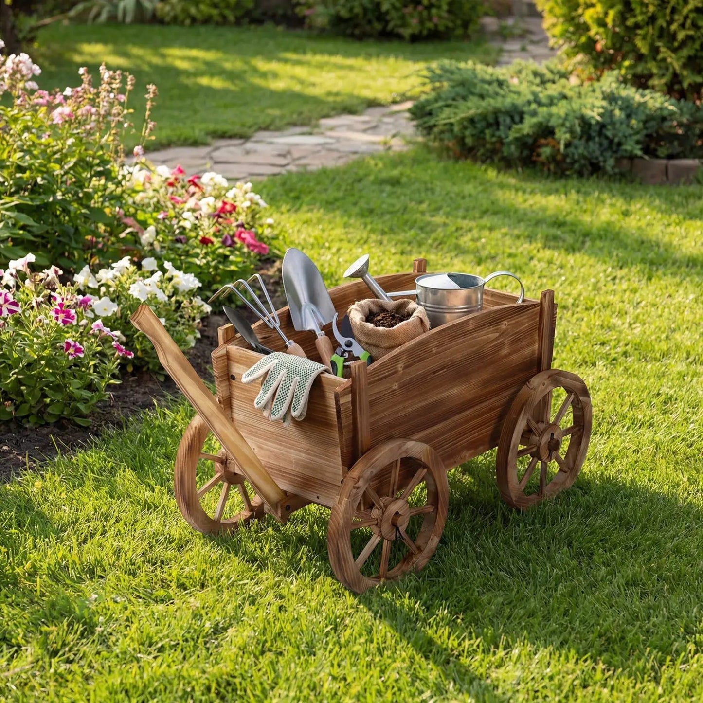 Rustic Rolling Flower Pot Stand with Wheels