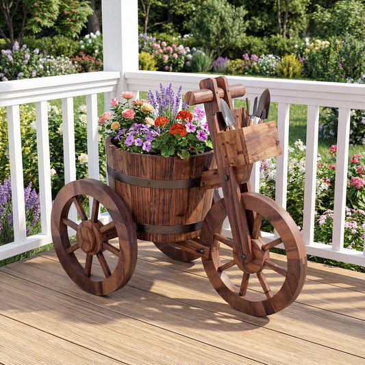 Rustic Wood Tricycle Planter with Wheels and Storage Box-Coffee - Tampa Home & Garden Store