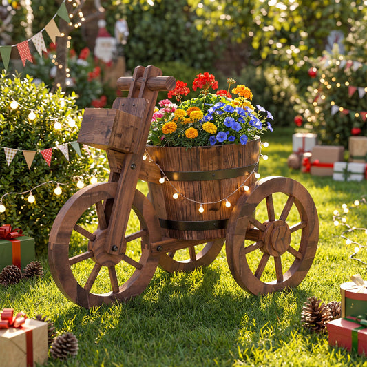 Rustic Wood Tricycle Planter with Wheels and Storage Box-Coffee - Tampa Home & Garden Store