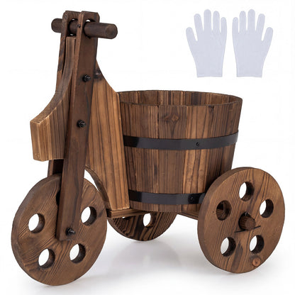 Rustic Wood Tricycle Planter Barrel Flower Pot Cart with Drainage Hole-Coffee