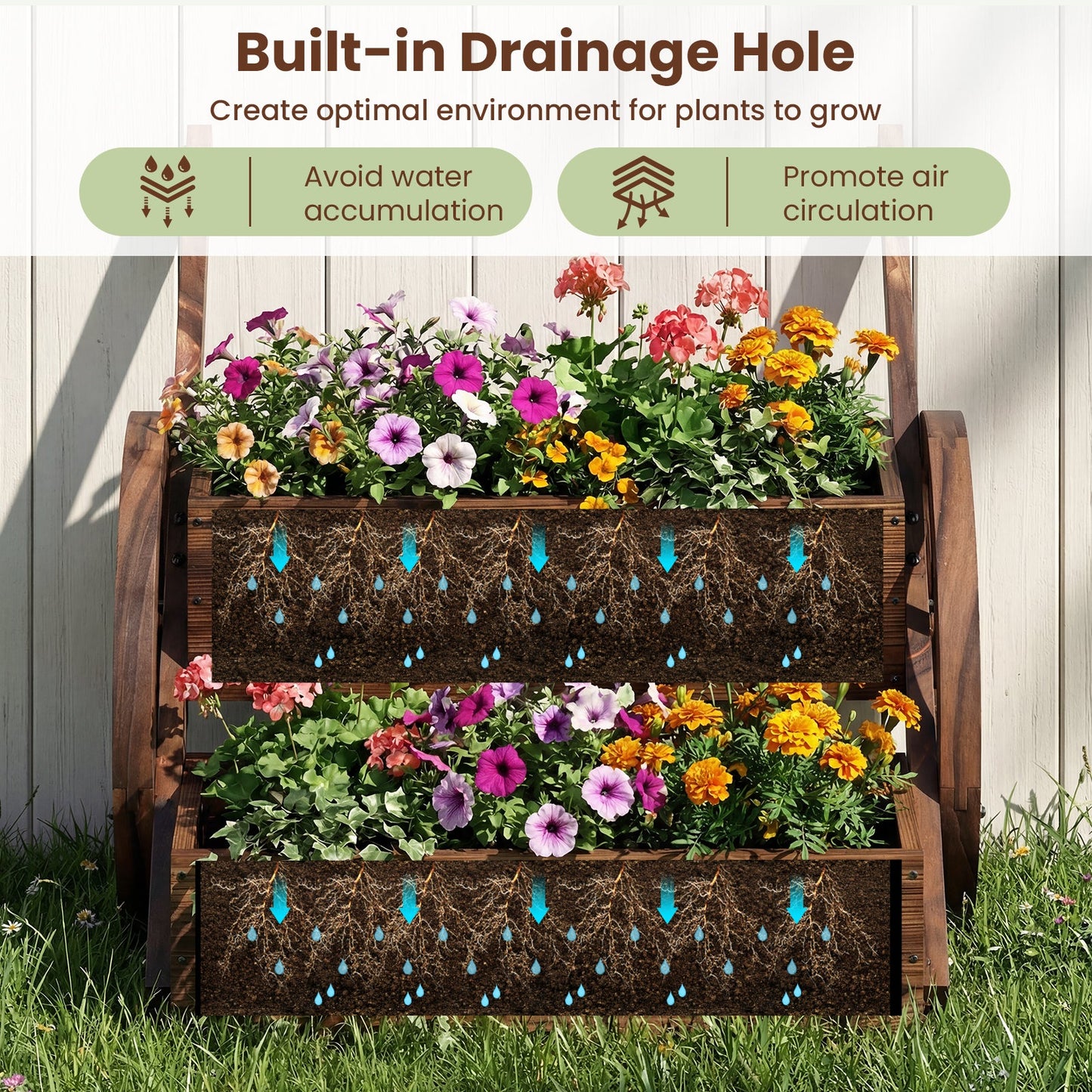 Rustic Wood Wagon Planter 2-Tier Versatile Raised Garden Bed with Wheels-Brown
