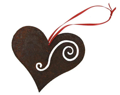 Hanging Heart Tree Ornament set, rust metal heart with white swirl and red ribbon, 6 pieces on Tampa Home & Garden Store