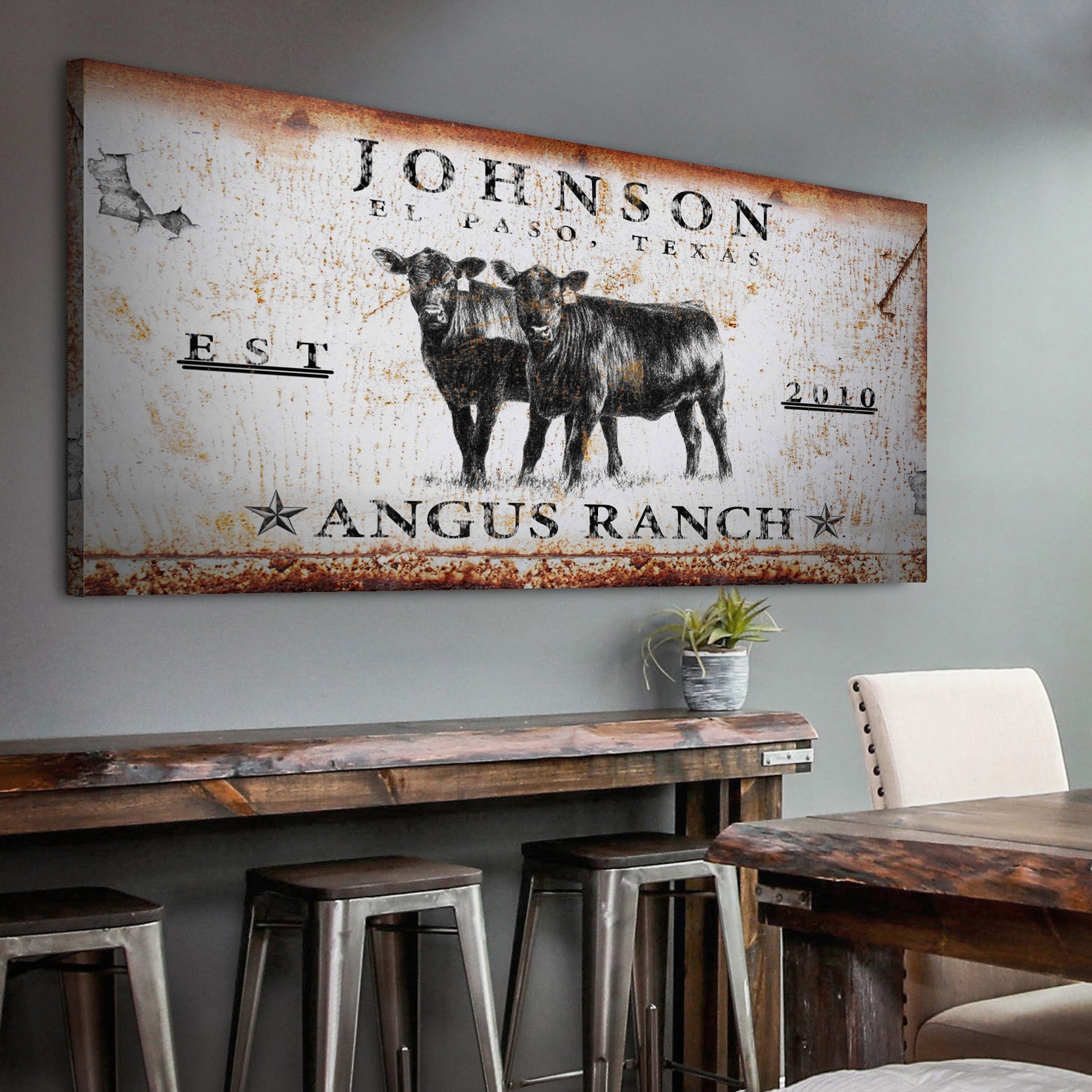 Angus Ranch Sign Canvas by Tailored Canvases with a rusted vintage look and cattle illustration on Tampa Home & Garden Store