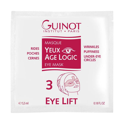 Guinot Age Logic Eye Mask sachet, smoothing under-eye care in pink packaging with eye graphic on Tampa Home & Garden Store