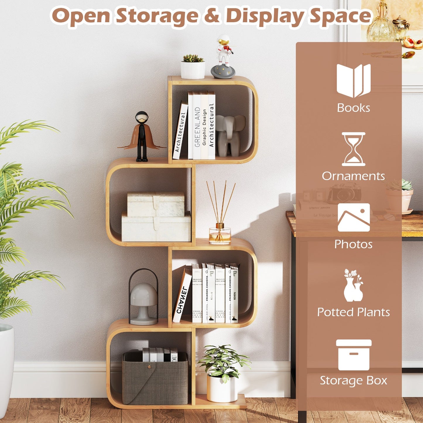 4-Tier S-Shaped Bamboo Bookcase with 4 Open Cubes for Living Room-Natural