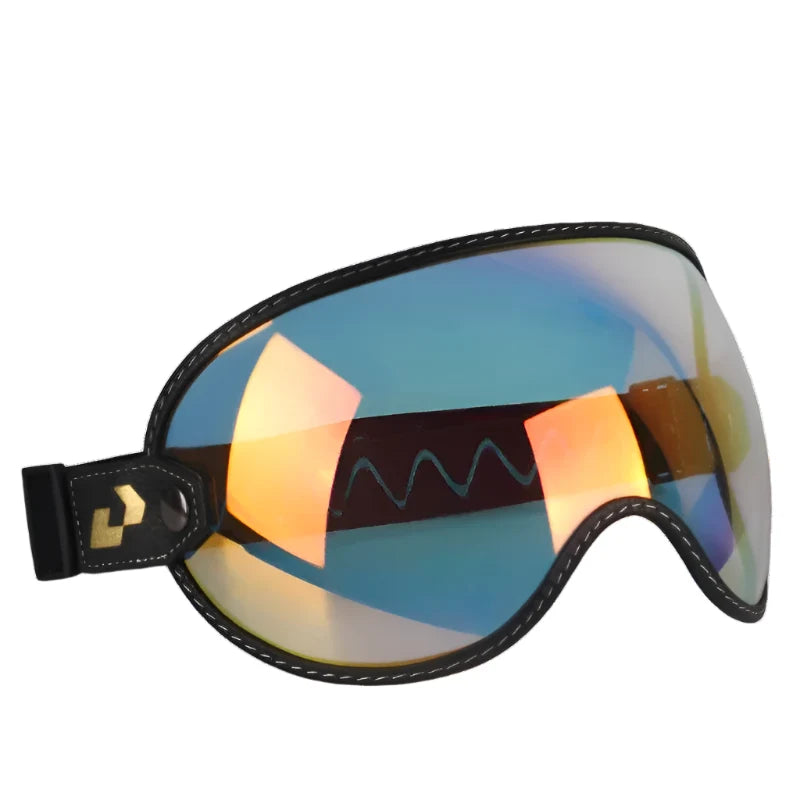 AeroShield Motorcycle Goggles by BikerZoneZ with mirrored rainbow lens and black stitched frame on Tampa Home & Garden Store