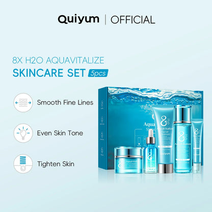Quiyum AquaVitalize skincare set 5pcs in blue packaging with tubes and jars on Tampa Home & Garden Store