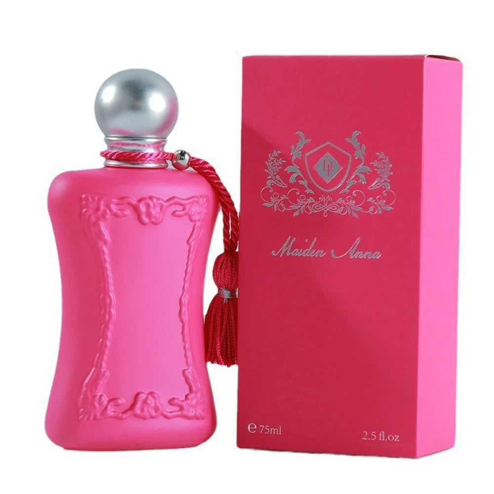Pink Silcy Skin perfume bottle with frame, silver cap and red tassel beside Maiden Arena box on Tampa Home & Garden Store