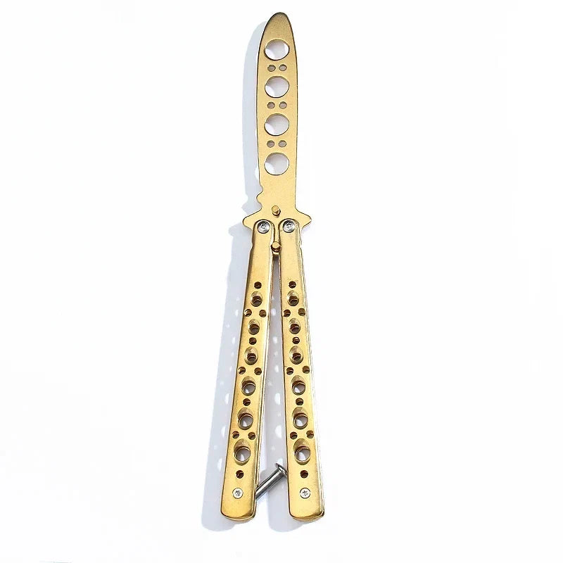 Folding butterfly knife trainer gold stainless steel with perforated handles FLIPSTYLEZLLC on Tampa Home & Garden Store