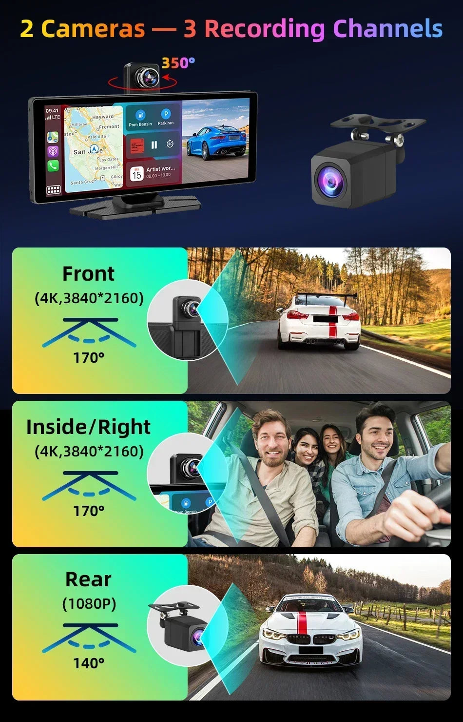 Portable CarPlay Screen 10.26in wireless car stereo with 2 cameras 3 recording channels UpTrend Deals on Tampa Home & Garden Store