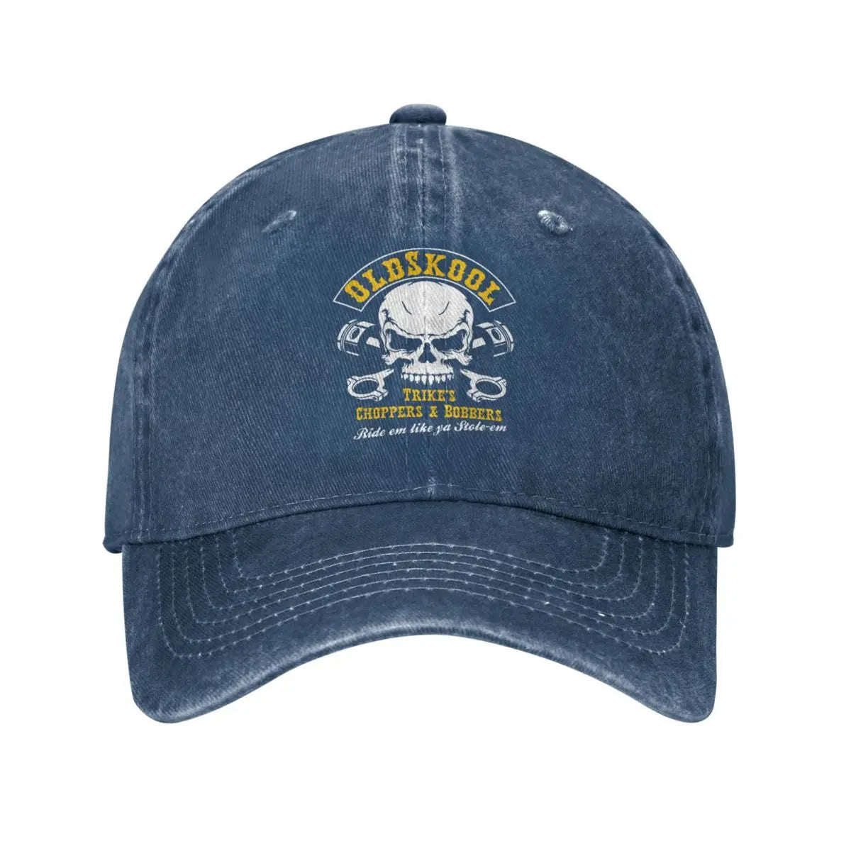 Vintage BSA Chopper baseball cap in distressed blue denim with skull and pistons logo by BikerZoneZ on Tampa Home & Garden Store