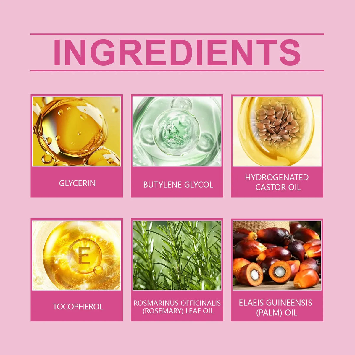 Rosemary care hair essential oil ingredients infographic with rosemary leaf oil and palm oil on Tampa Home & Garden Store