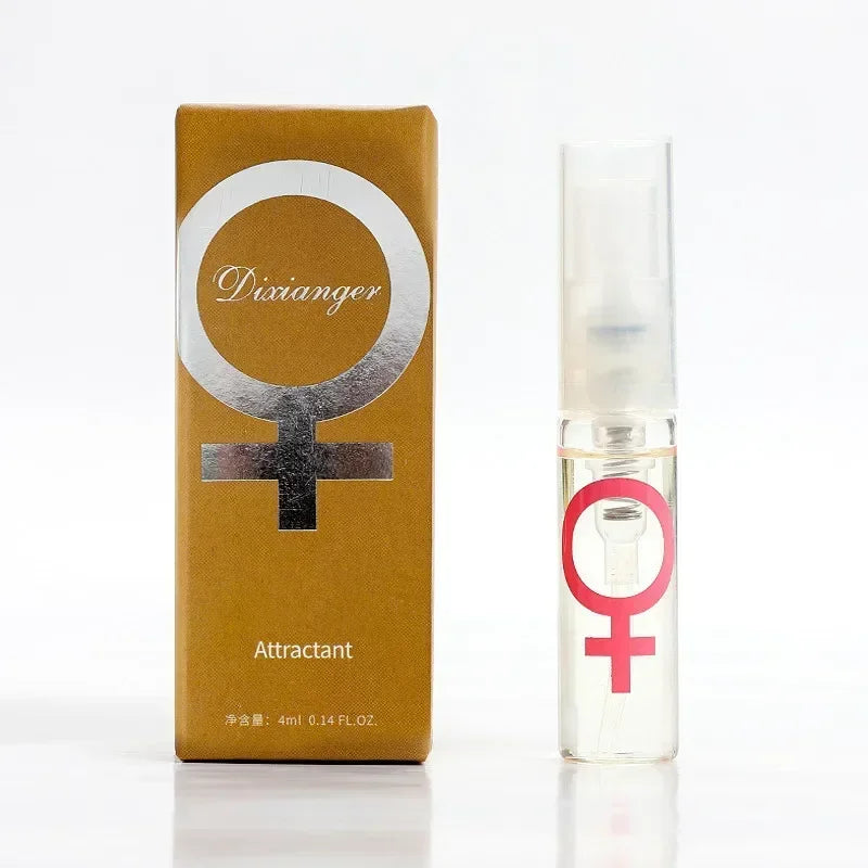Silcy Skin pheromone body spray for women, 4ml pink female symbol bottle beside gold box on Tampa Home & Garden Store