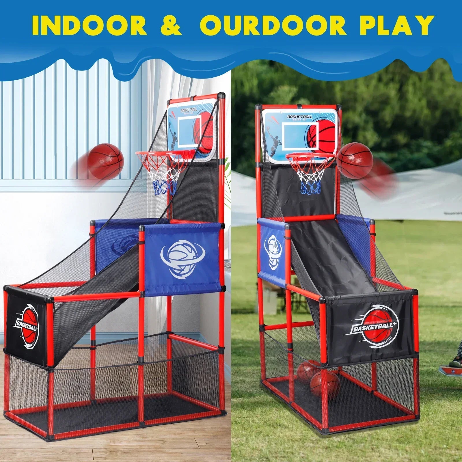Arcade basketball game set with 2 hoops, red frames, blue backboards and balls on Tampa Home & Garden Store