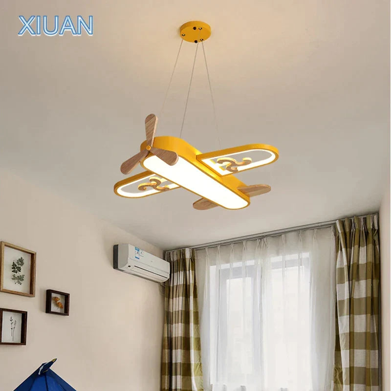 DecorBites Kids Airplane Pendant Light yellow wood and metal LED nursery ceiling fixture on Tampa Home & Garden Store