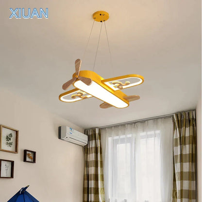 DecorBites Kids Airplane Pendant Light yellow wood and metal LED nursery ceiling fixture on Tampa Home & Garden Store