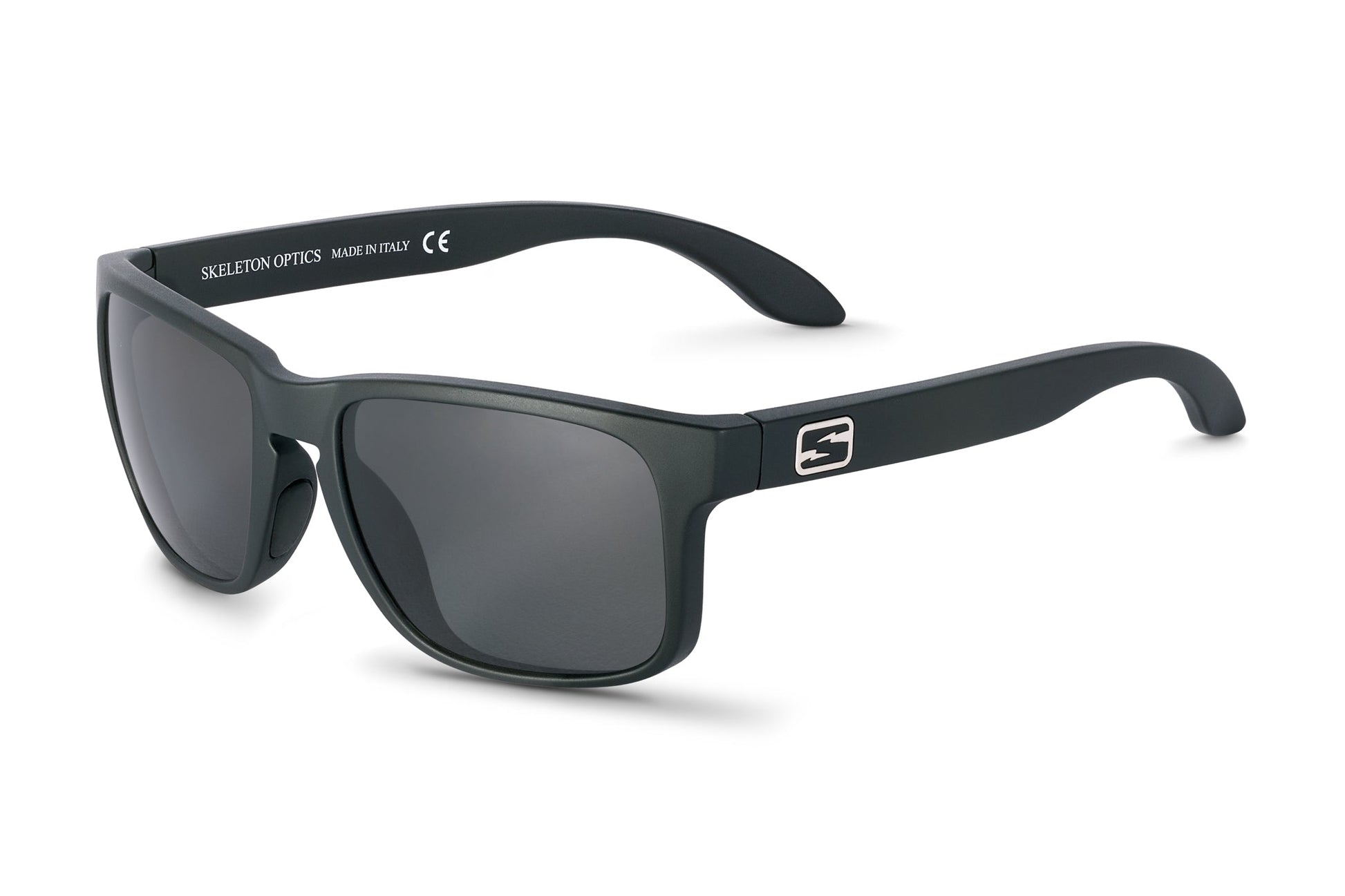 Decoy sunglasses by Skeleton Optics in dark matte gray; logo on temple; made in Italy on Tampa Home & Garden Store