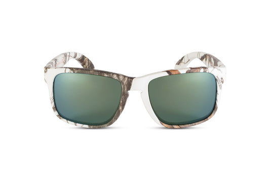 Sunglasses Decoy Mossy Oak Winter by Skeleton Optics camo frame with green lenses on Tampa Home & Garden Store