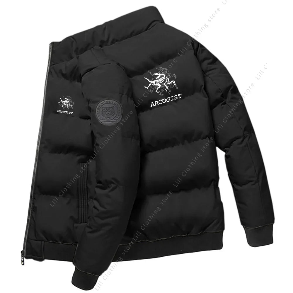 Men's black thick puffer parka with ARCOGIST logo on chest and crest patch on sleeve on Tampa Home & Garden Store